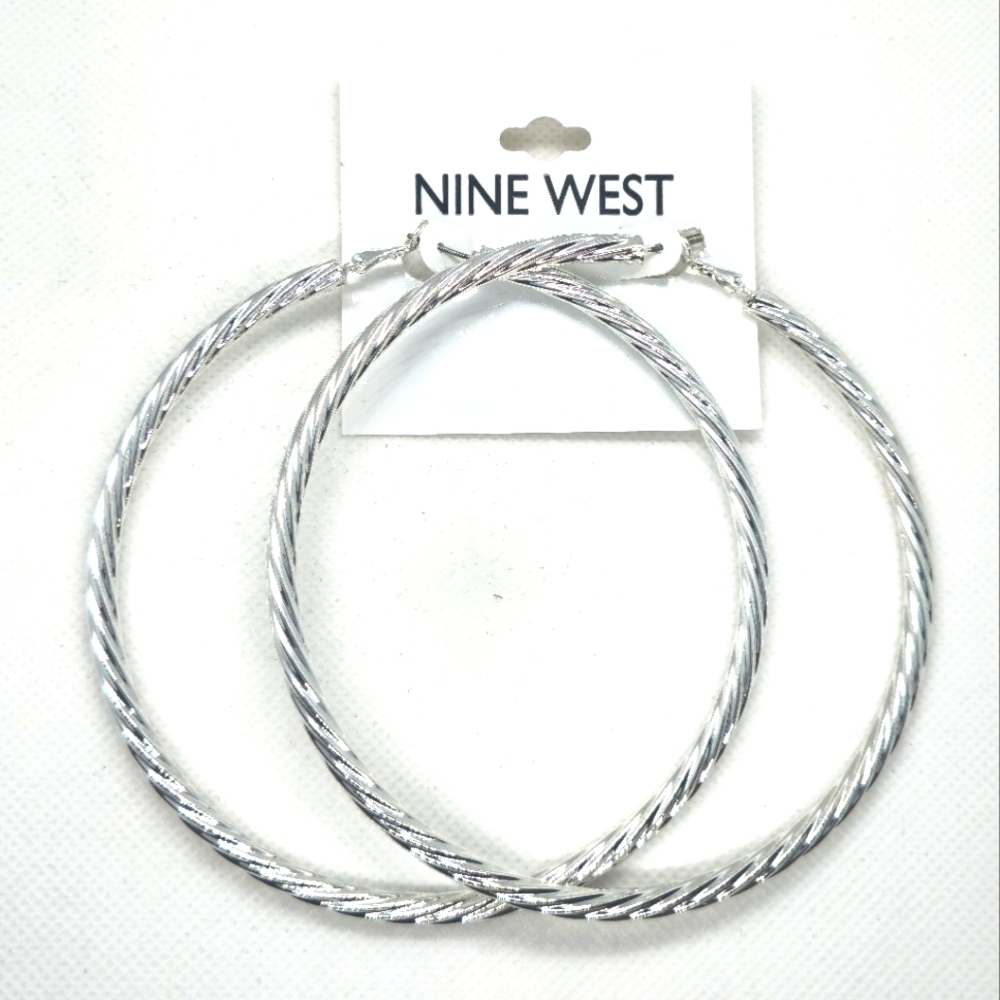 NWT Nine West Silver Textured Super Large Hoop Earrings For Pierced Ears - 3.75"